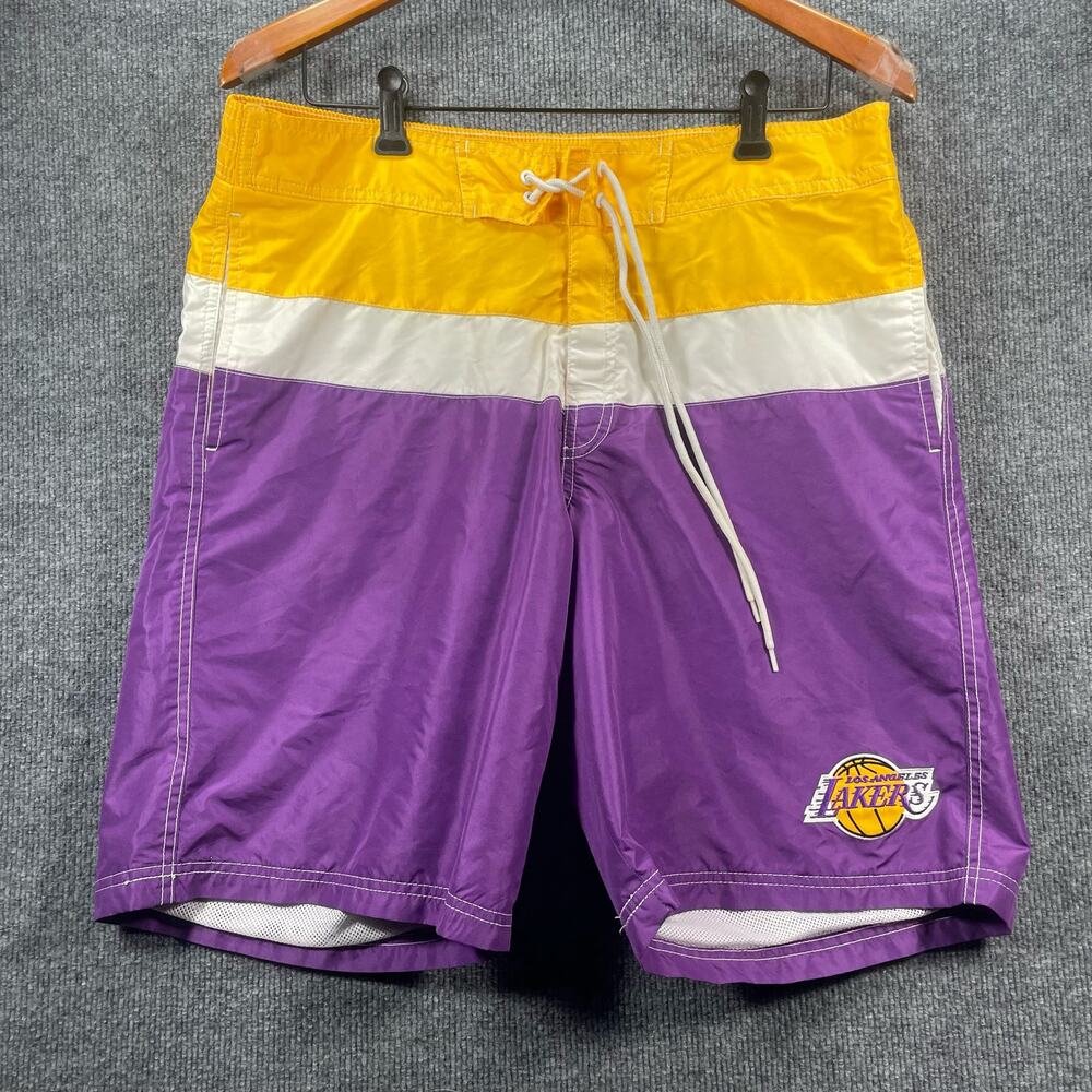 GIII NBA LA Lakers Swim Shorts Men's Large Purple/Yellow Lined Drawstring Swim